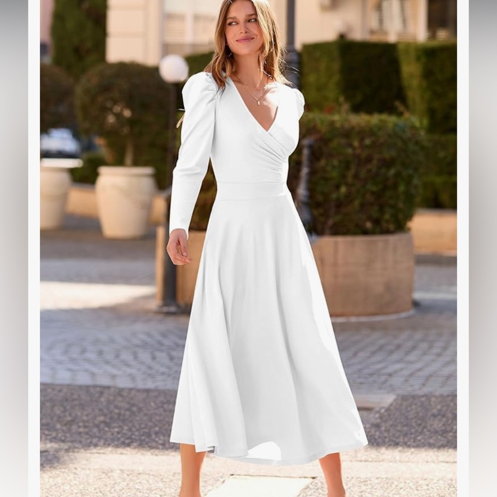 NWT pretty garden, white puff long sleeve wrap V-neck midi dress size L